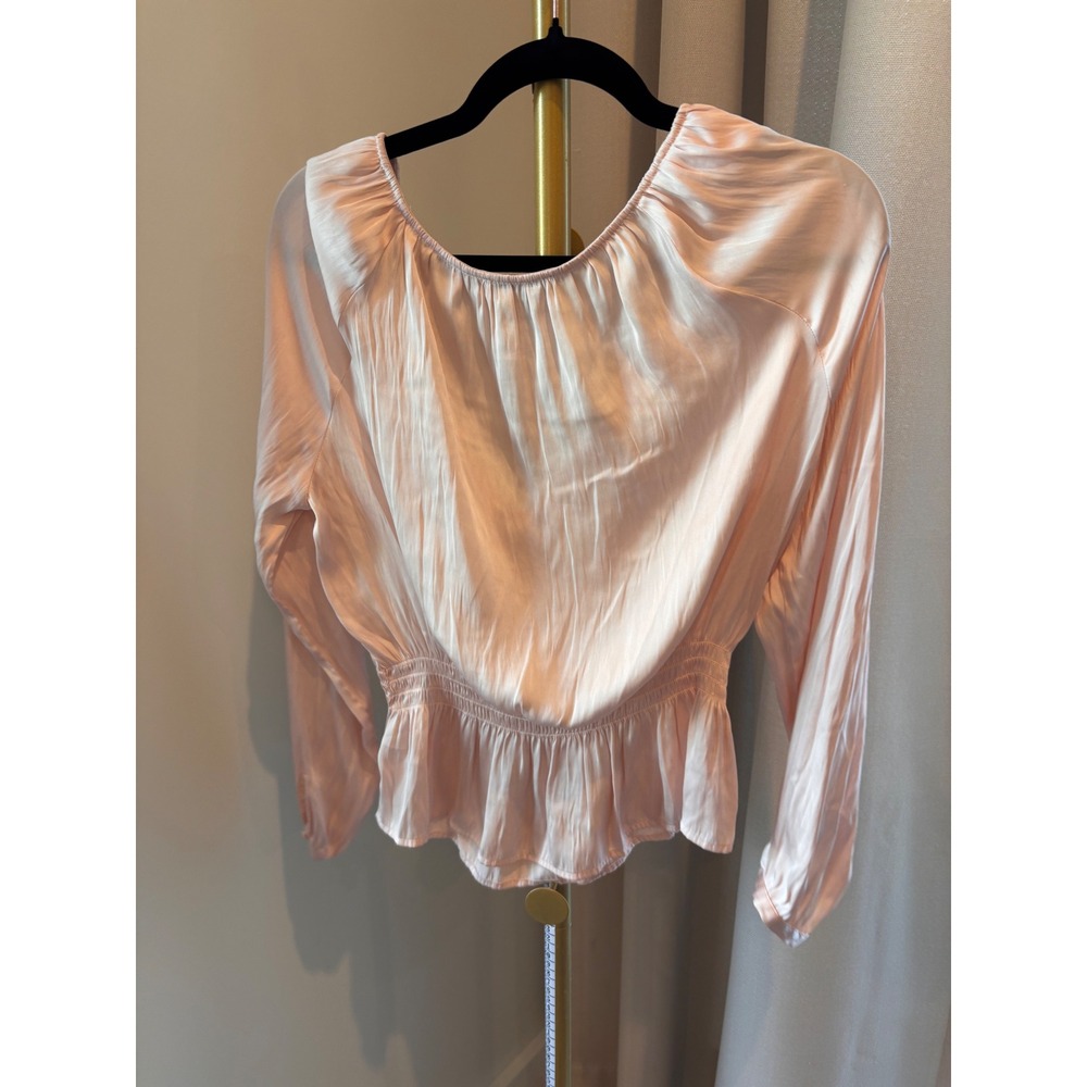 PAIGE Womens Blush Pink Satin Smocked Peplum Long Sleeve Tie Neck Blouse Size L - Picture 5 of 5